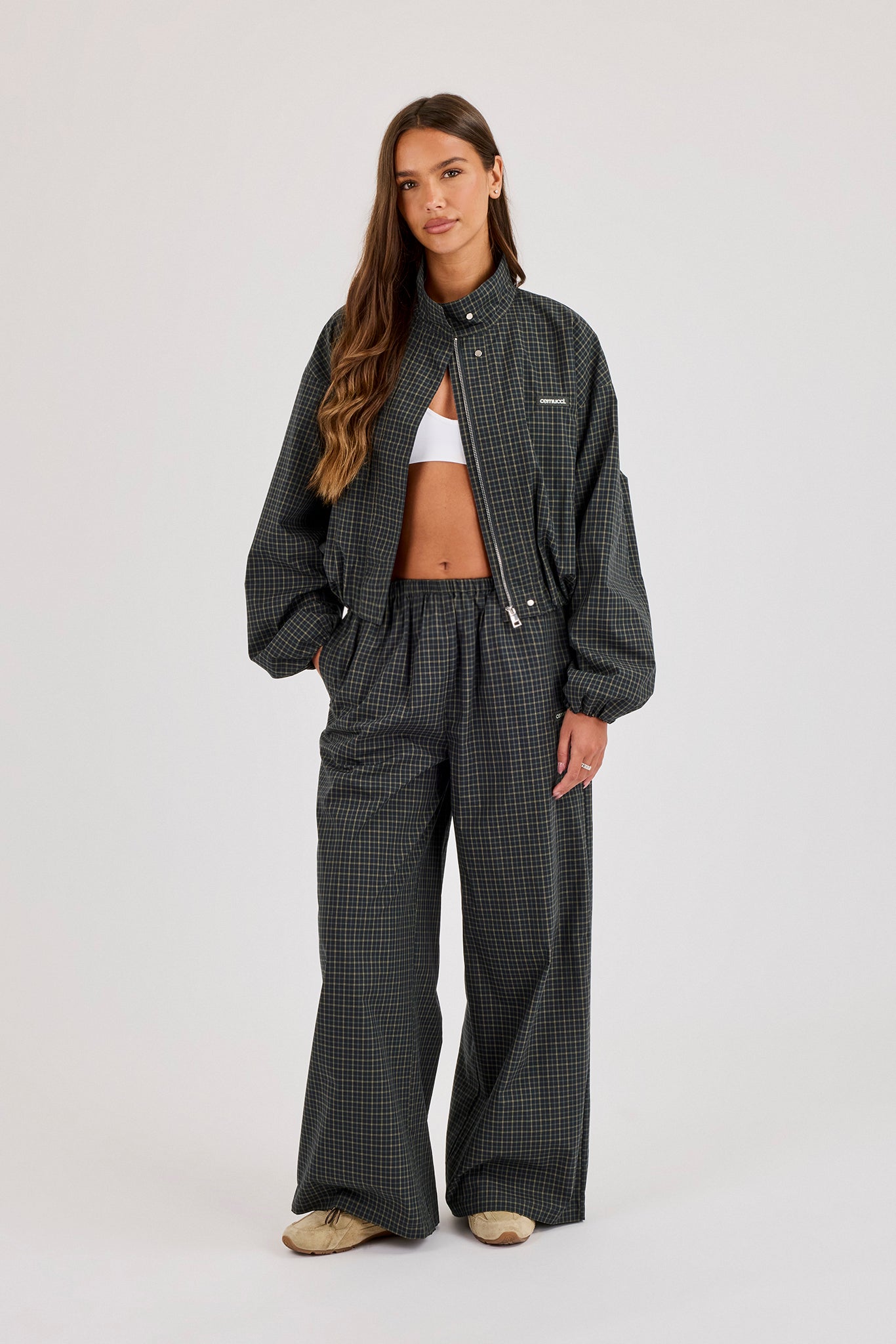 Check Twill Funnel Neck Jacket & Wide Leg Trouser - Dark Green